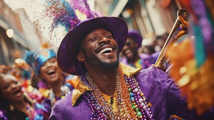 A lively Mardi Gras street party in New Orleans, featuring multicultural revelers, brass bands, bead throwing, and dancing.