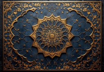 Ramadan Intricate golden mandala design on dark blue background

