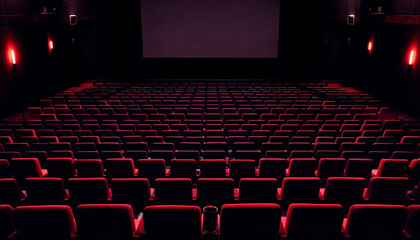 Rows of red theater seats stretch into the distance, evoking anticipation and cinematic charm.