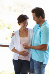 Pregnancy, house and couple with love, support or smile with kindness, bonding together or prenatal...