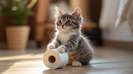 A playful gray-and-white cat unrolls a toilet paper roll, standing on its hind legs.