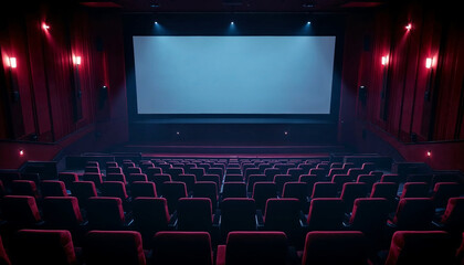 Fototapeta premium Rows of red theater seats stretch into the distance, evoking anticipation and cinematic charm.