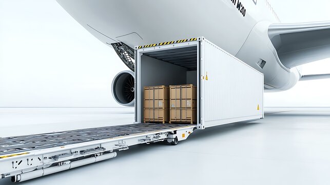 A professional image of a cargo container being maneuvered into the belly of an airplane, illustrating the air freight process, isolated on a white background