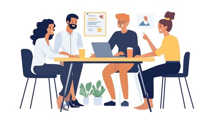 A professional scenario where a manager assigns tasks to employees, using a task list, with people collaborating around a table, set against a white background