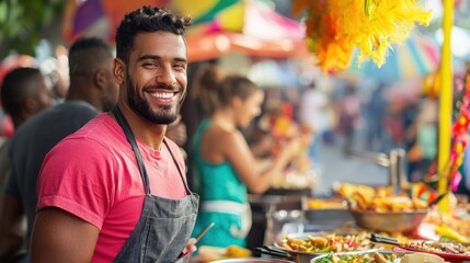 A vibrant carnival scene with a street food vendor, diverse crowd enjoying food, performers and smiles.