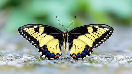 Fototapeta premium Yellow swallowtail butterfly on ground, green background, nature close-up, wildlife photography