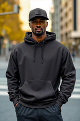 Obraz premium A man in a black hoodie standing on a city street