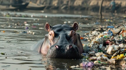 Fototapeta premium Hippopotamus in Water Surrounded by Garbage, Captured in Wide Angle Perspective