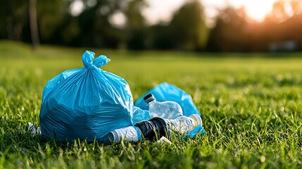 Blue Plastic Bags and Bottles on Green Grass in a Sunny