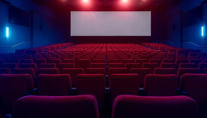 Naklejka premium Rows of red theater seats stretch into the distance, evoking anticipation and cinematic charm.
