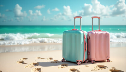 Luggage bags on sandy beach with ocean waves in background