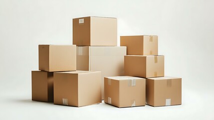 Several closed cardboard boxes in a warehouse-style arrangement, isolated on a white background to highlight their function in logistics and shipping