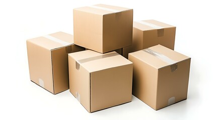 Fototapeta premium Several closed cardboard boxes in a warehouse-style arrangement, isolated on a white background to highlight their function in logistics and shipping