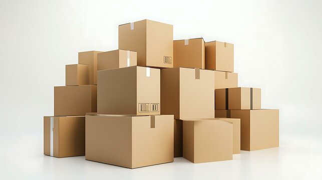 Multiple cardboard boxes stacked on top of each other, isolated on a clean white background, symbolizing logistics and inventory management