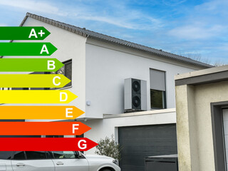 Energie­effizienz­klassen, Wärmepumpen auf dem Garagendach eines Einfamilienhaus in Hilden,...