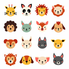 Cute wild face animals cartoon sitting vector illustration. Baby shower woodland animals illustration.	