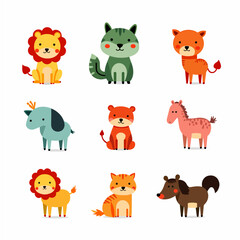 Cute wild animals cartoon sitting vector illustration. Baby shower woodland animals illustration.	