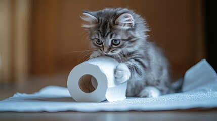 A playful gray-and-white cat unrolls a toilet paper roll, standing on its hind legs.