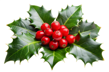 close up of holly leaves with red berries on a transparent