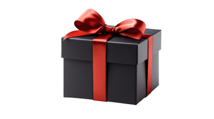 Fototapeta premium This isolated black gift box adorned with a vibrant red bow is perfect for celebrating special moments. Its sleek design stands out, making any gift feel special and cherished