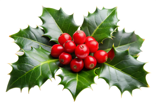 close up of holly leaves with red berries on a transparent