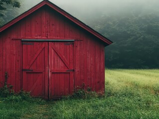Fototapeta premium Vibrant red barn stands serene against misty green fields at dawn