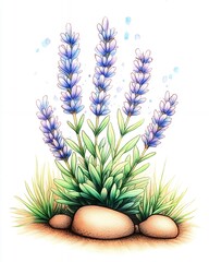 Detailed Lavender Illustration with Stones and White Background