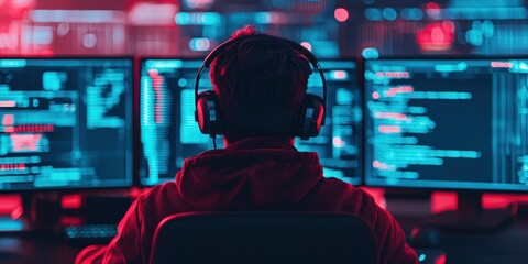 Focused Individual in Headphones at Computer Screens