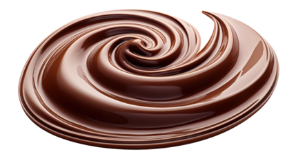 A rich, glossy swirl of chocolate sits prominently, showcasing its smooth texture and deep color. The isolated presentation highlights its tempting allure for dessert lovers
