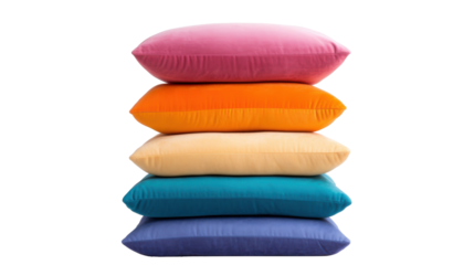 Brightly colored pillows are arranged in a neat stack, showcasing a variety of shades. This styled setup highlights the appeal of decorative textiles in modern home decor