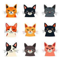 Cats are cartoon and flat colorful, good-natured, in different colors, unusual faces, various poses set. Playful kittens, home pets. Bright butterflies fly around. Vector illustration