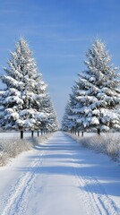 Snow-covered path lined with evergreen trees under a bright blue sky