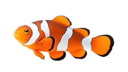Fototapeta premium A vibrant clownfish swims gracefully in an isolated aquatic environment. Its striking orange and white colors stand out, highlighting the unique patterns on its body