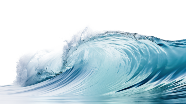 A stunning wave forms and crashes with vibrant colors against a serene white background. The intricate details reveal the fluid motion and energy of the ocean water, captivating and refreshing