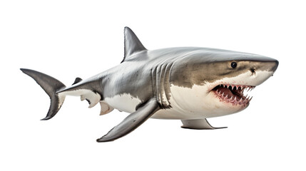 A lifelike great white shark swims effortlessly through a vibrant underwater landscape, showcasing its powerful physique and distinct features in a tranquil marine setting