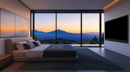 Remote teams thrive with cloud-based tools in their virtual office. Modern bedroom with stunning mountain view at sunset.