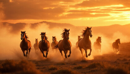 Fototapeta premium Wild horses gallop through dust and golden sunset light, embodying power and freedom.