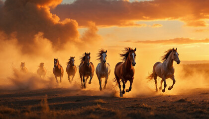 Fototapeta premium Wild horses gallop through dust and golden sunset light, embodying power and freedom.