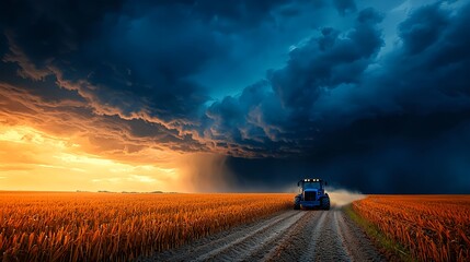 Fototapeta premium Blue Tractor in a Wheat Field During a Dramatic Sunset