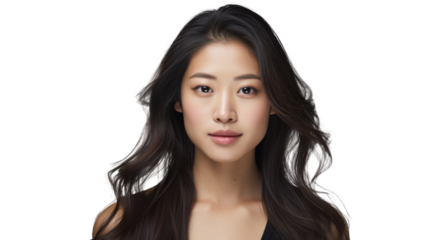 A young woman is shown against a white background, featuring long dark hair cascading down her shoulders. She has a calm and serene expression, highlighting her natural beauty cut out