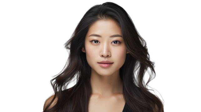 A young woman is shown against a white background, featuring long dark hair cascading down her shoulders. She has a calm and serene expression, highlighting her natural beauty cut out