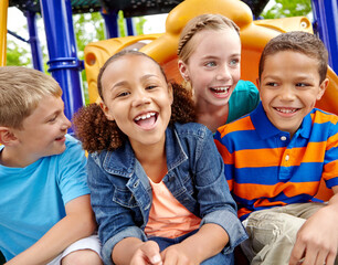 Happy kids, laughing or friends in playground playing on outdoor holiday or vacation with funny...