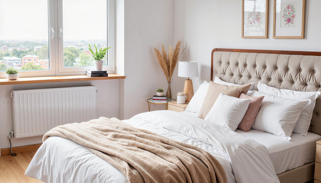 Elegant bedroom with plush bedding and natural light, cozy decor