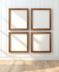 Fototapeta premium Four Empty Rustic Brown Square Frames on White Paneled Wall with