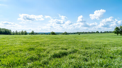 Fototapeta premium Sunny green field landscape, summer day, idyllic countryside