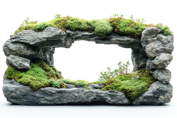 Rocky Frame Covered With Lush Moss on a White Background Showcasing Natural Beauty
