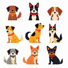 Dogs doodle vector set. Cartoon dog or puppy characters design collection with flat color in different poses. Set of funny pet animals isolated on white background