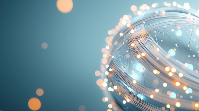 Global Network 3D globe with glowing lines and dots representing data flow, blue and white colors, dark background, visualizes global data transfer