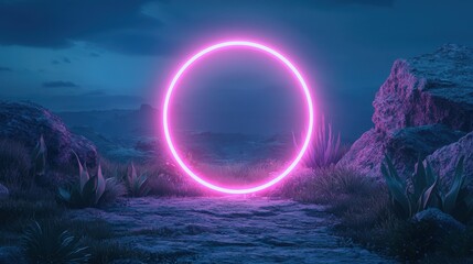 Neon Futuristic Portal Pulsating neon pink portal in a dark, alien landscape, strange plants and rock formations, mysterious, otherworldly atmosphere