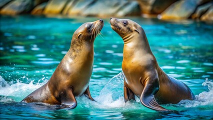 Fototapeta premium Playful Sea Lions Splashing in Vibrant Aquatic Environment